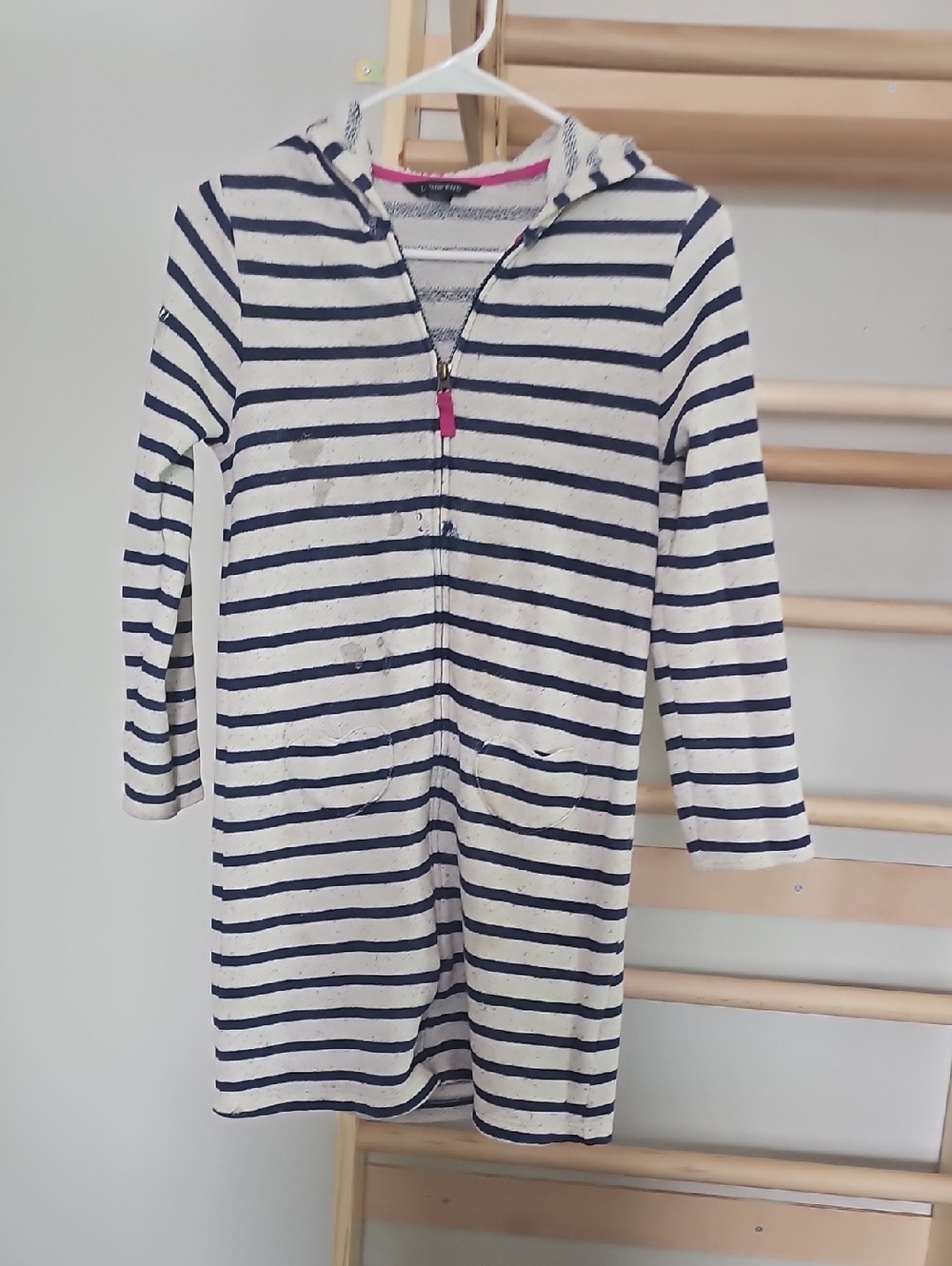 Lands' End Striped Knit Top in Navy, White and Pink Trim